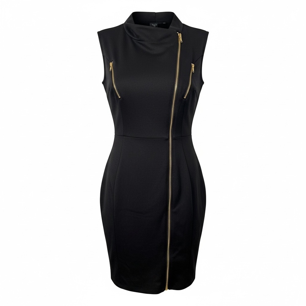 Windsor Moto style bodycon Black Dress with Gold zipper accents